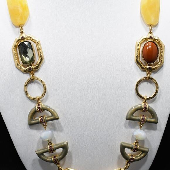 Chico’s Hammered Gold Link Necklace Faux Stones Enamel 29” Statement Jewelry - Picture 2 of 8